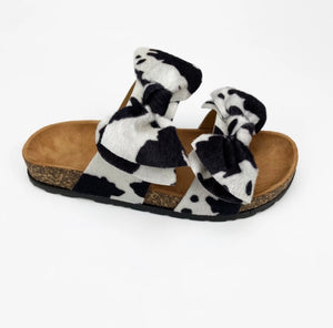 Cow print bow tie slippers